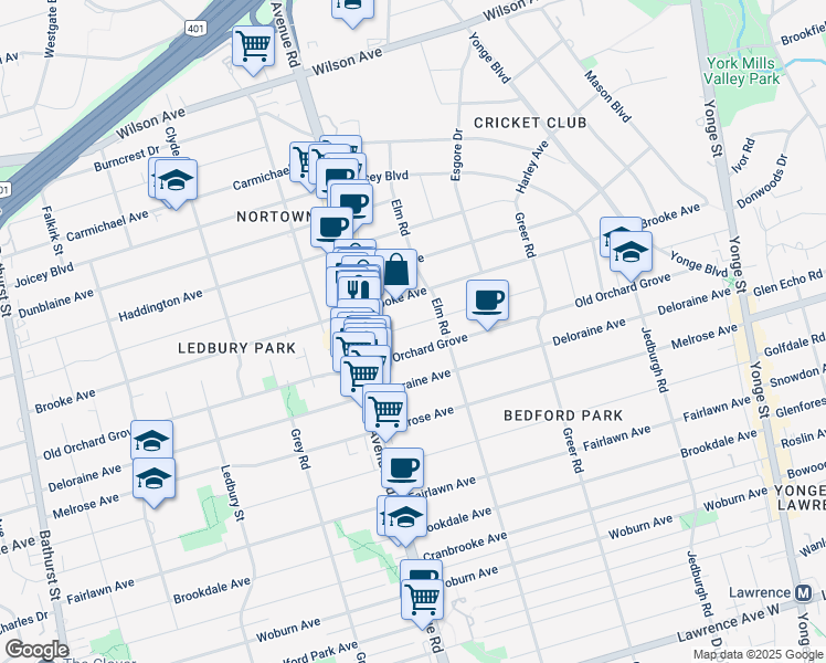 map of restaurants, bars, coffee shops, grocery stores, and more near 159 Roe Avenue in Toronto
