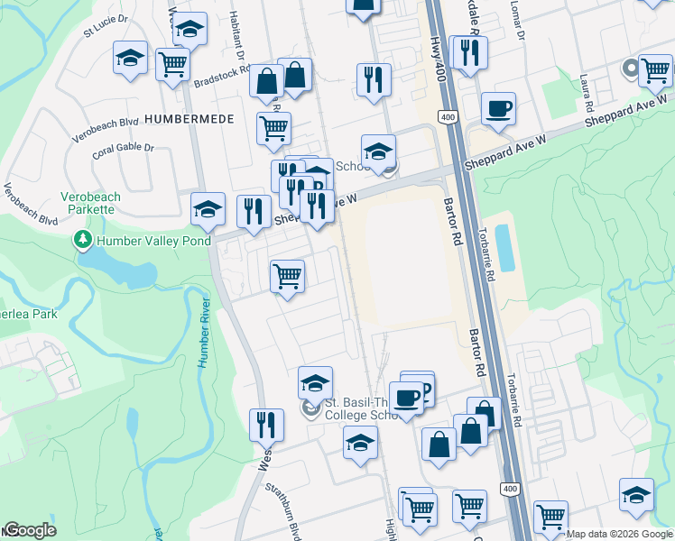 map of restaurants, bars, coffee shops, grocery stores, and more near 149 Isaac Devins Boulevard in Toronto