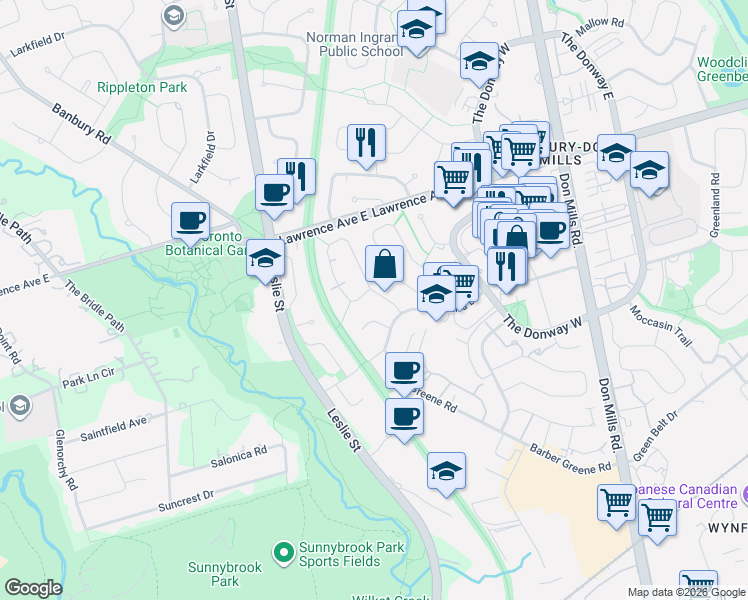 map of restaurants, bars, coffee shops, grocery stores, and more near in Toronto