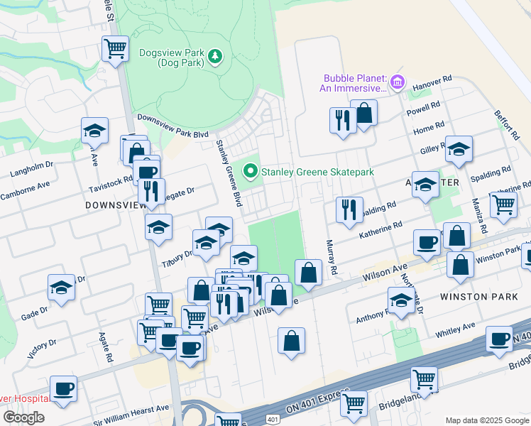map of restaurants, bars, coffee shops, grocery stores, and more near 57 John Perkins Bull Drive in Toronto