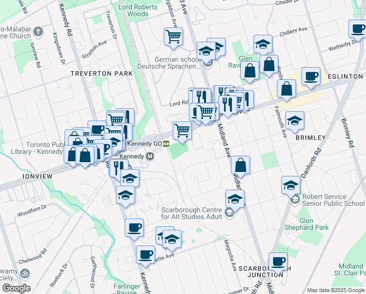 map of restaurants, bars, coffee shops, grocery stores, and more near 2467 Eglinton Avenue East in Toronto