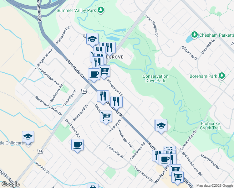 map of restaurants, bars, coffee shops, grocery stores, and more near 77 Colonel Bertram Road in Brampton