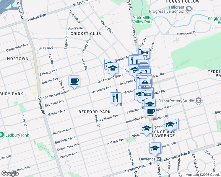 map of restaurants, bars, coffee shops, grocery stores, and more near 101 Deloraine Avenue in Toronto