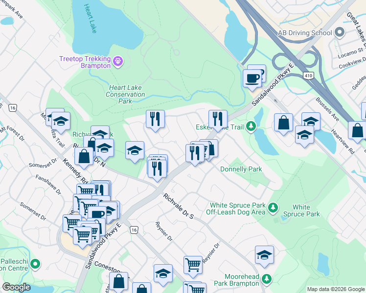 map of restaurants, bars, coffee shops, grocery stores, and more near 34 Berkshire Square in Brampton