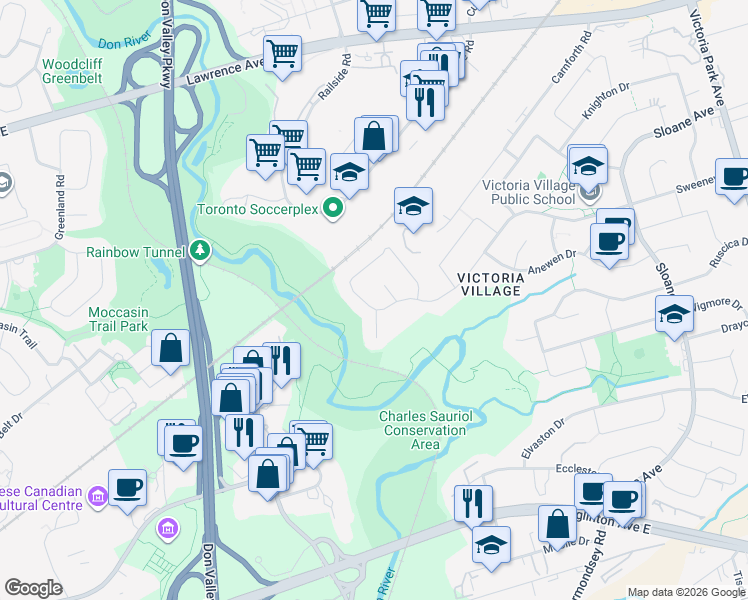 map of restaurants, bars, coffee shops, grocery stores, and more near 188 Sweeney Drive in Toronto