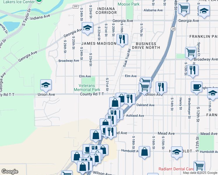 map of restaurants, bars, coffee shops, grocery stores, and more near 2104 Union Avenue in Sheboygan