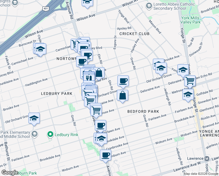 map of restaurants, bars, coffee shops, grocery stores, and more near in Toronto