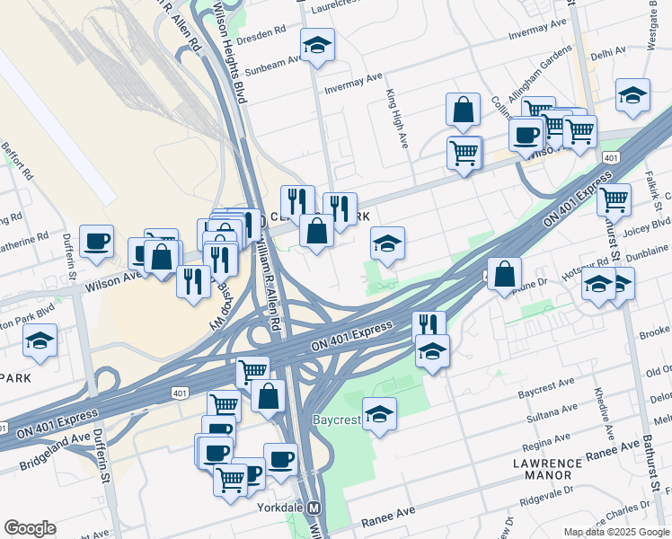 map of restaurants, bars, coffee shops, grocery stores, and more near in Toronto