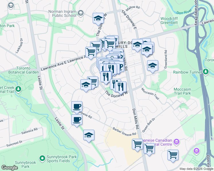 map of restaurants, bars, coffee shops, grocery stores, and more near 75 The Donway West in Toronto