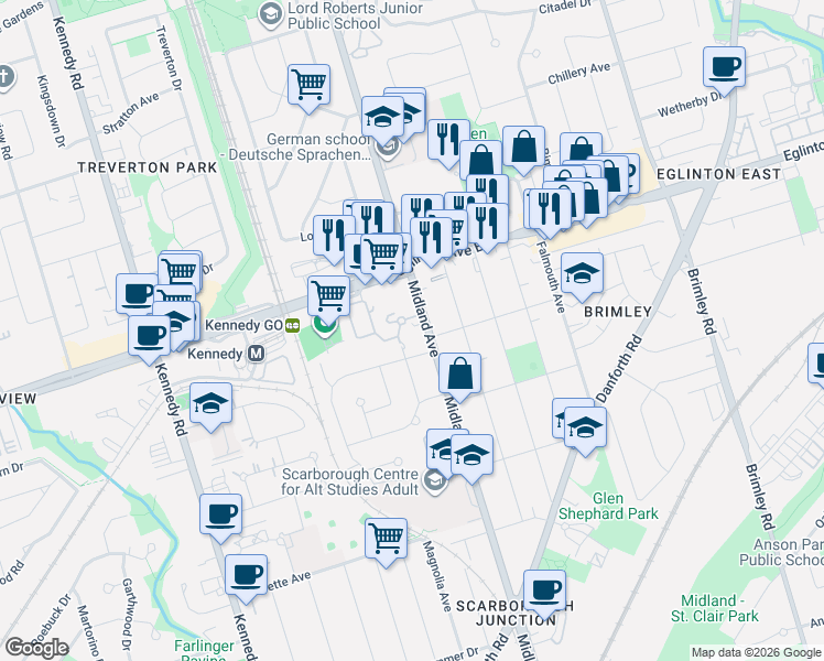 map of restaurants, bars, coffee shops, grocery stores, and more near 790B Midland Avenue in Toronto