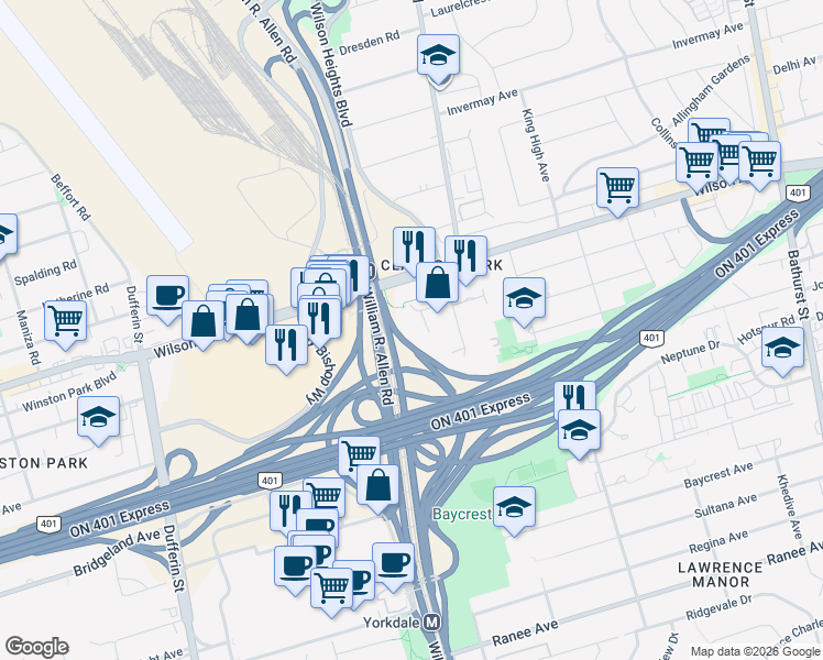 map of restaurants, bars, coffee shops, grocery stores, and more near 30 Tretti Way in Toronto
