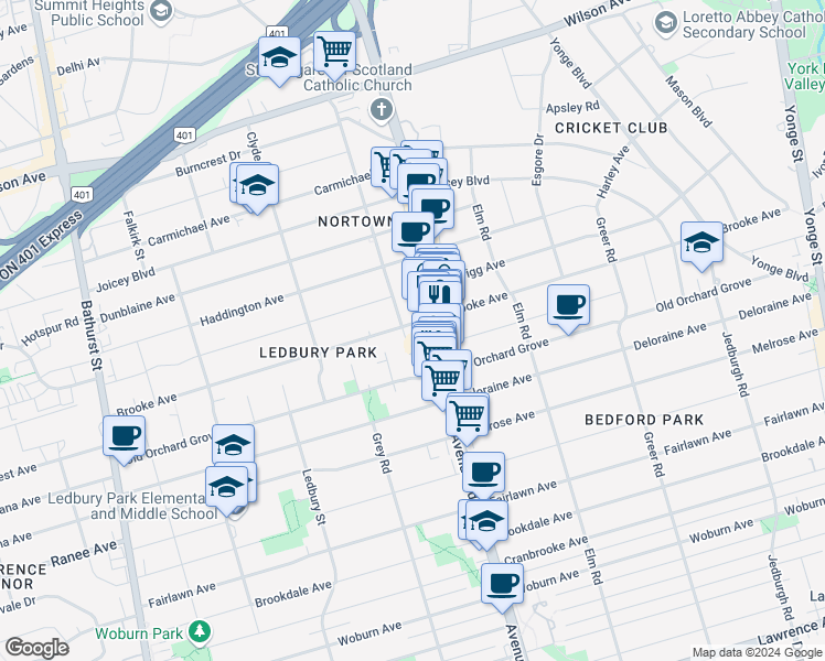 map of restaurants, bars, coffee shops, grocery stores, and more near 253 Brooke Avenue in Toronto