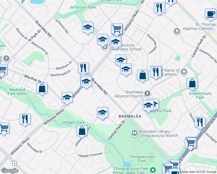 map of restaurants, bars, coffee shops, grocery stores, and more near 22 Glen Echo Court in Brampton