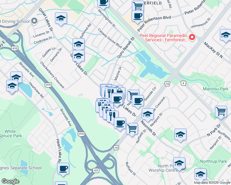map of restaurants, bars, coffee shops, grocery stores, and more near 110 Sandyshores Drive in Brampton