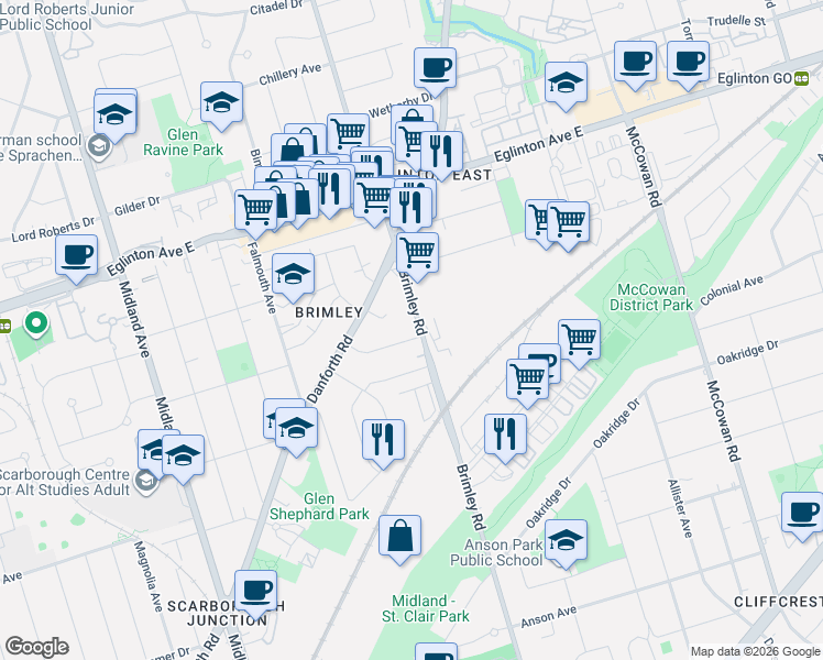 map of restaurants, bars, coffee shops, grocery stores, and more near 478 Brimley Road in Toronto