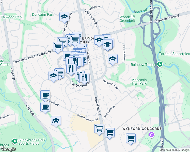 map of restaurants, bars, coffee shops, grocery stores, and more near 2 The Donway East in Toronto