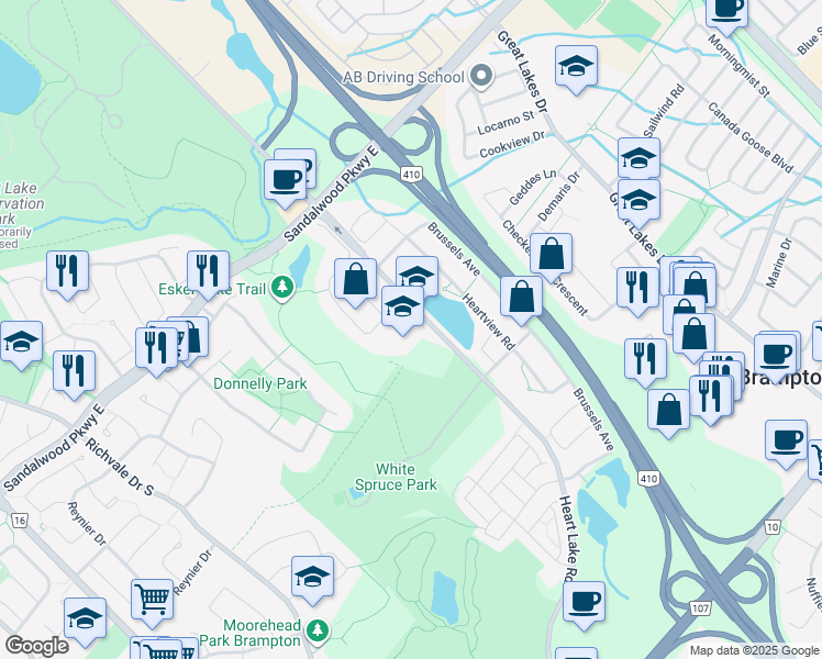 map of restaurants, bars, coffee shops, grocery stores, and more near 10420 Heart Lake Road in Brampton