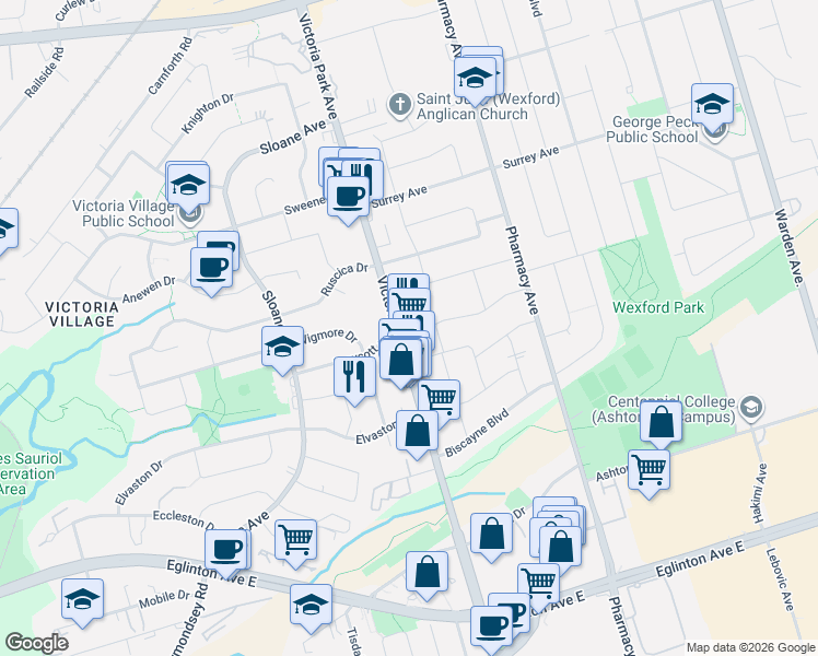 map of restaurants, bars, coffee shops, grocery stores, and more near in Toronto