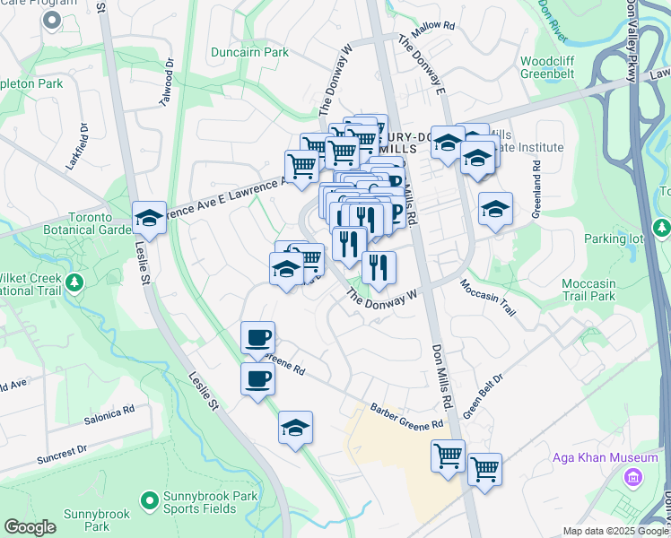 map of restaurants, bars, coffee shops, grocery stores, and more near 87 The Donway West in Toronto