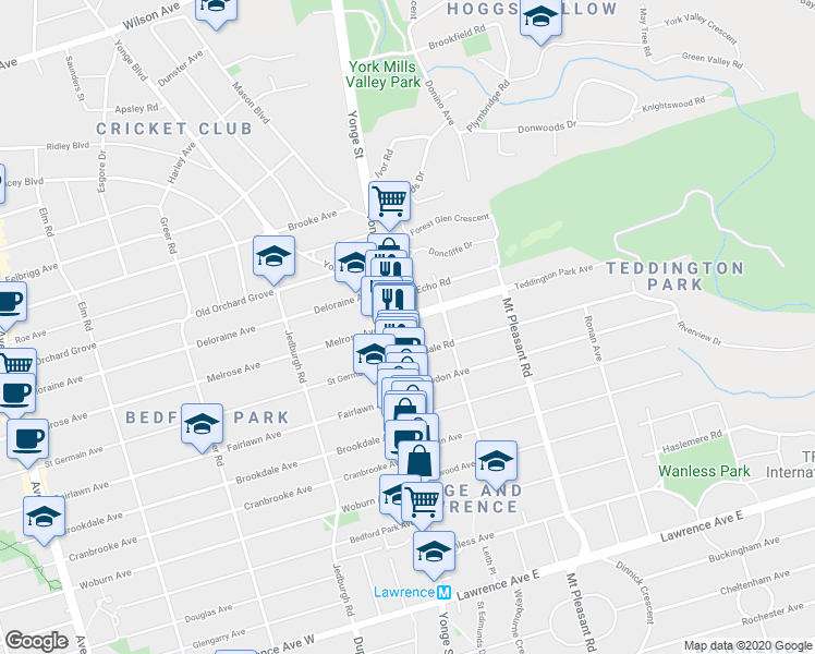 map of restaurants, bars, coffee shops, grocery stores, and more near in Toronto