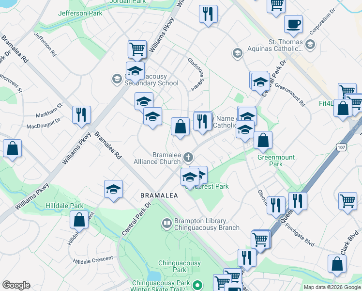 map of restaurants, bars, coffee shops, grocery stores, and more near 900 Central Park Drive in Brampton