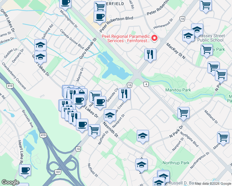 map of restaurants, bars, coffee shops, grocery stores, and more near 68 Seaside Circle in Brampton