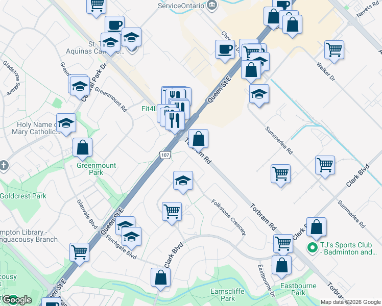 map of restaurants, bars, coffee shops, grocery stores, and more near 32 Finsbury Drive in Brampton