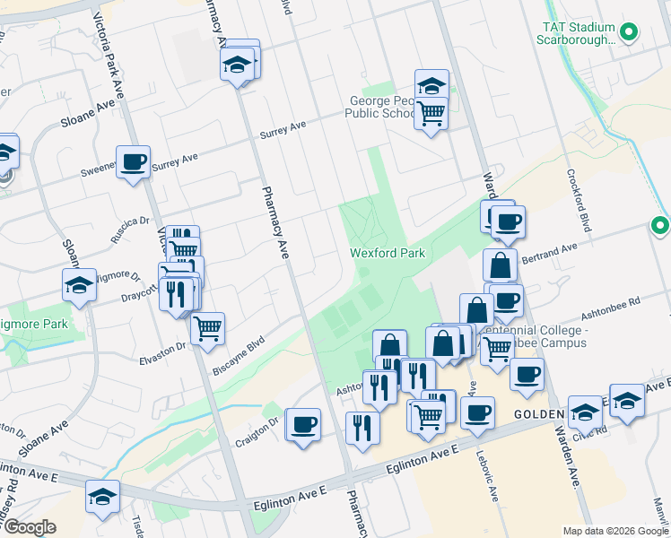 map of restaurants, bars, coffee shops, grocery stores, and more near 34 Singleton Road in Toronto