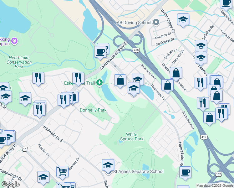 map of restaurants, bars, coffee shops, grocery stores, and more near 51 Forestgrove Circle in Brampton