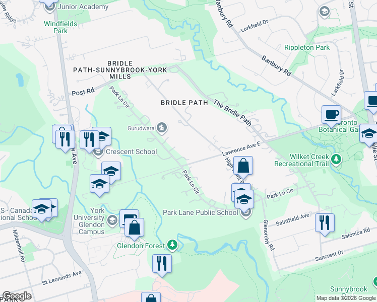 map of restaurants, bars, coffee shops, grocery stores, and more near 29 Park Lane Circle in Toronto