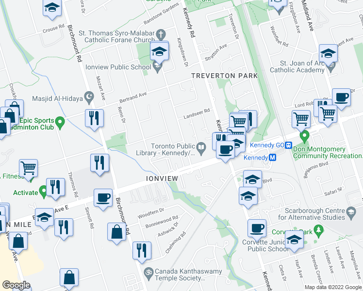 map of restaurants, bars, coffee shops, grocery stores, and more near 18 Ionview Road in Toronto