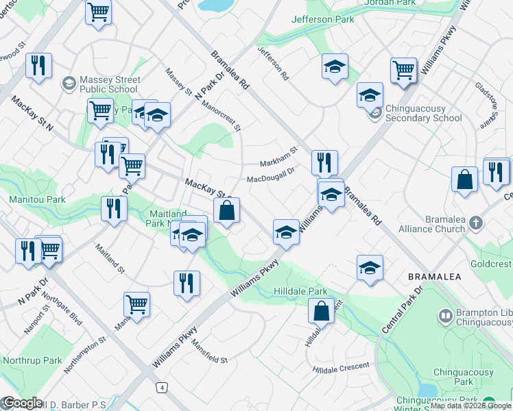 map of restaurants, bars, coffee shops, grocery stores, and more near 104 Mikado Crescent in Brampton
