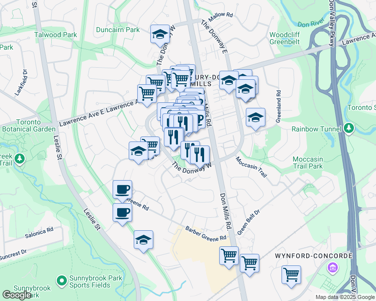 map of restaurants, bars, coffee shops, grocery stores, and more near 50 O'Neill Road in Toronto