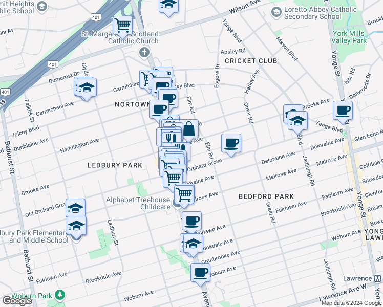map of restaurants, bars, coffee shops, grocery stores, and more near 168 Roe Avenue in Toronto