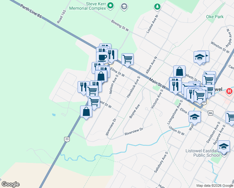 map of restaurants, bars, coffee shops, grocery stores, and more near in Listowel