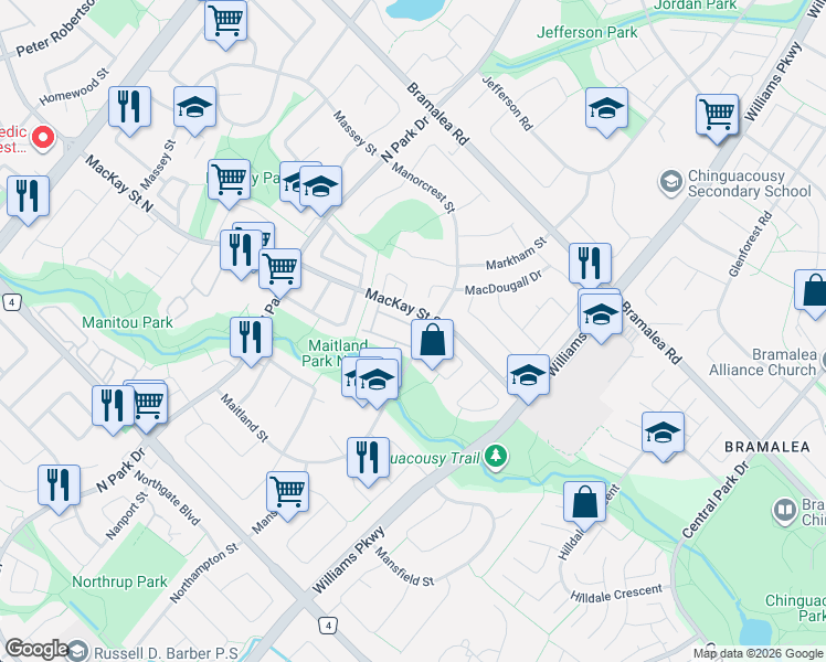 map of restaurants, bars, coffee shops, grocery stores, and more near 32 Carisbrooke Court in Brampton
