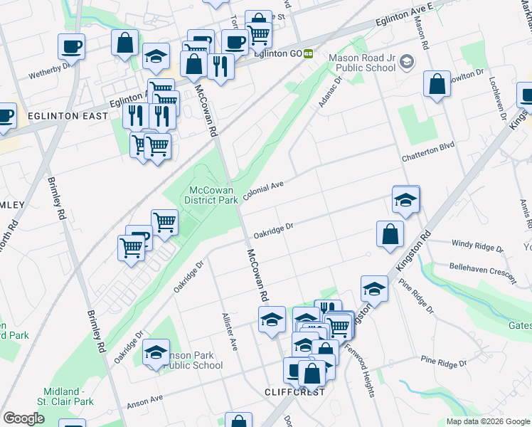 map of restaurants, bars, coffee shops, grocery stores, and more near 9 Martindale Road in Toronto
