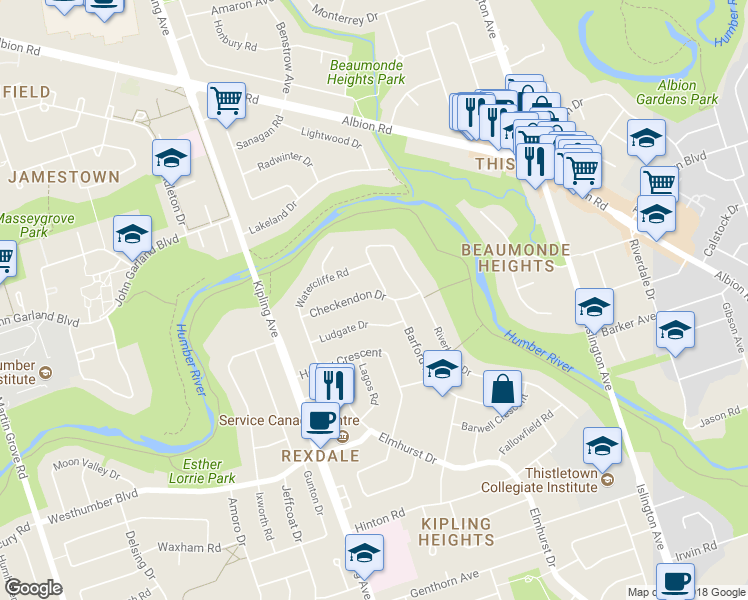 map of restaurants, bars, coffee shops, grocery stores, and more near 17 Checkendon Drive in Toronto