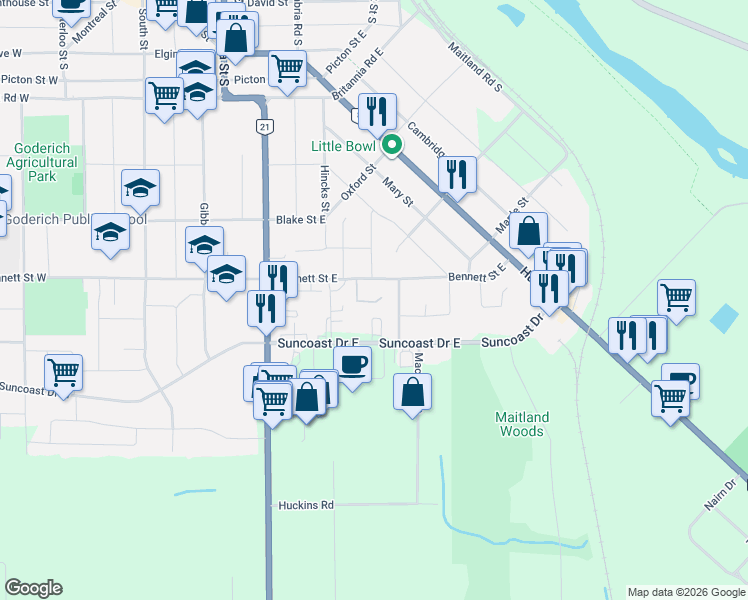 map of restaurants, bars, coffee shops, grocery stores, and more near 27 The Way in Goderich