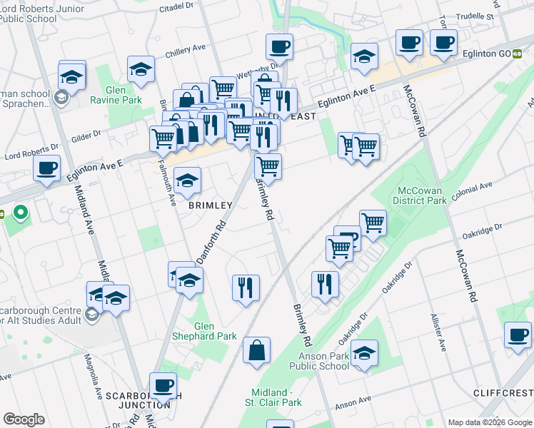 map of restaurants, bars, coffee shops, grocery stores, and more near 478 Brimley Road in Toronto