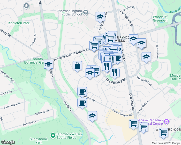 map of restaurants, bars, coffee shops, grocery stores, and more near in Toronto