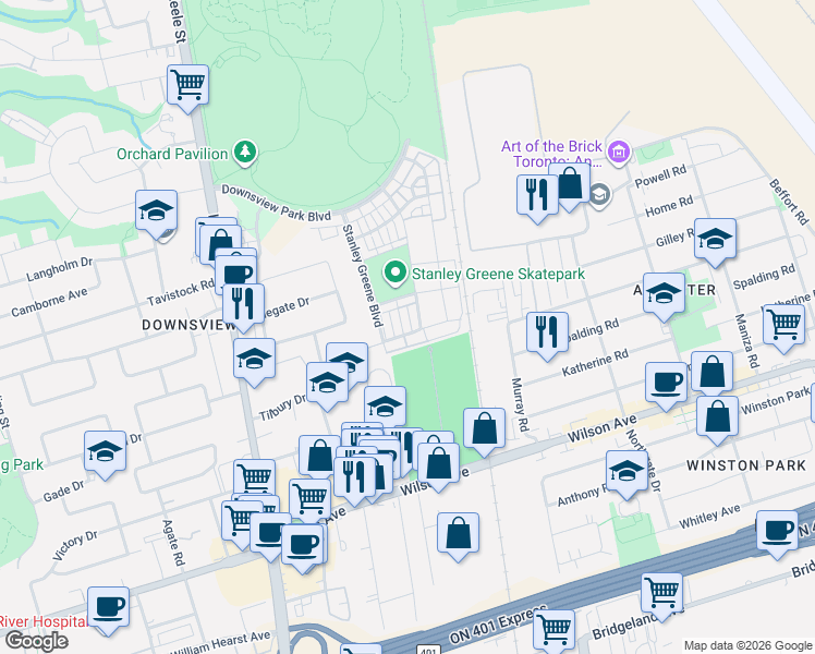 map of restaurants, bars, coffee shops, grocery stores, and more near 13 Caroline Carpenter Grove in Toronto