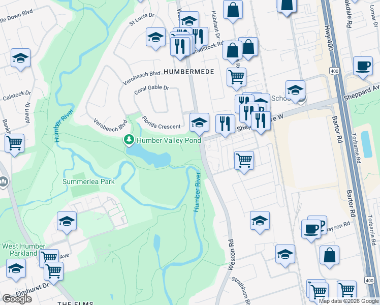 map of restaurants, bars, coffee shops, grocery stores, and more near 3100 Weston Road in Toronto