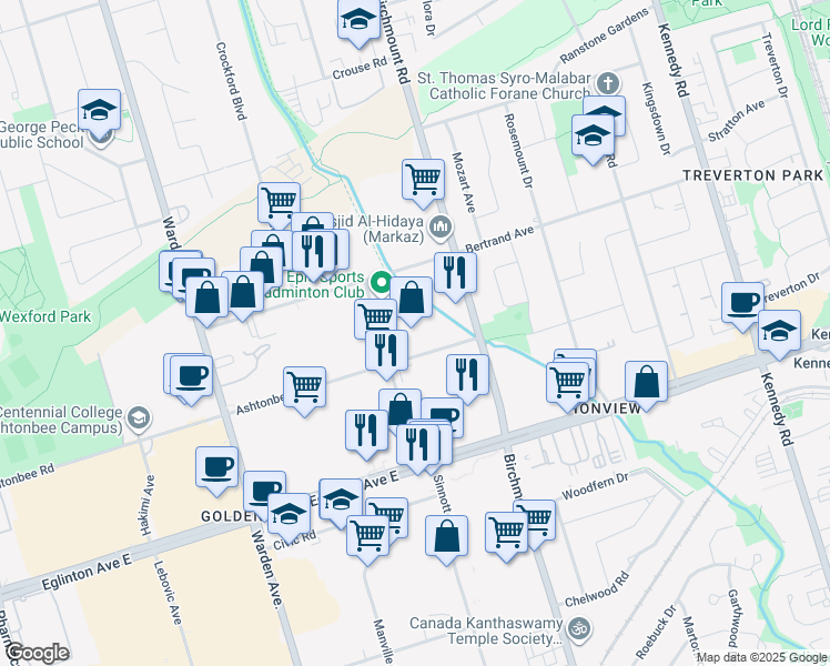map of restaurants, bars, coffee shops, grocery stores, and more near in Toronto