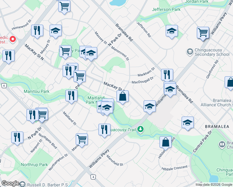 map of restaurants, bars, coffee shops, grocery stores, and more near 70 Carisbrooke Court in Brampton