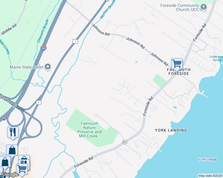 map of restaurants, bars, coffee shops, grocery stores, and more near 24 Knight Street in Falmouth