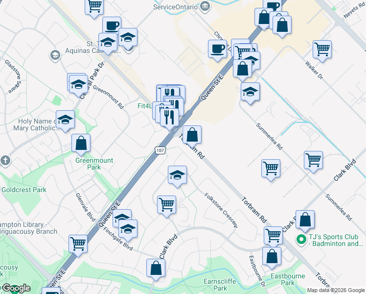 map of restaurants, bars, coffee shops, grocery stores, and more near 34 Finsbury Drive in Brampton
