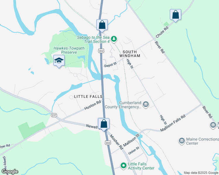 map of restaurants, bars, coffee shops, grocery stores, and more near 6 Hawkes Way in Gorham