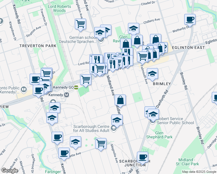 map of restaurants, bars, coffee shops, grocery stores, and more near in Toronto