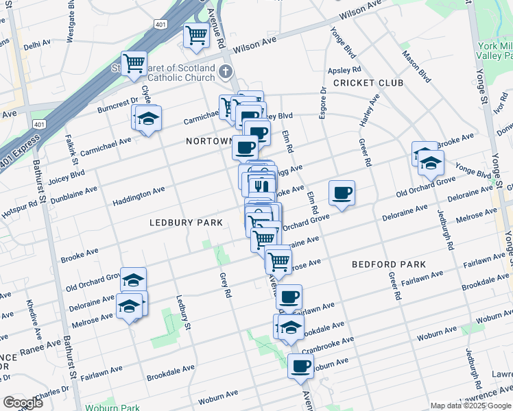 map of restaurants, bars, coffee shops, grocery stores, and more near in Toronto